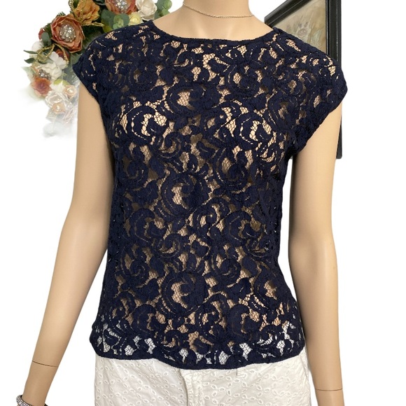 LOFT Tops - Loft Navy blue lace top. Size M